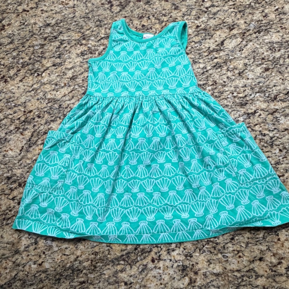 Hanna Andersson Girls Teal Green Seashell Print Pocket Play‎ Dress Size 130 US 8